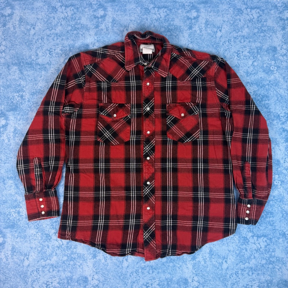 Wrangler Wrancher Mens Red Black Plaid Western Pearl Snap Flannel Shirt L